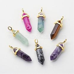 Natural Mixed Stone Pointed Pendants, with Random Alloy Pendant Hexagon Bead Cap Bails, Golden, Bullet, 37~40x12.5x10mm, Hole: 3x4.5mm