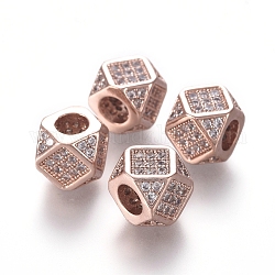 Perles de zircone cubique micro pave en Laiton, polygone, clair, Véritable plaqué or rose, 6.5~7x6.5~7x6.5~7mm, Trou: 3mm, longueur diagonale: 9mm