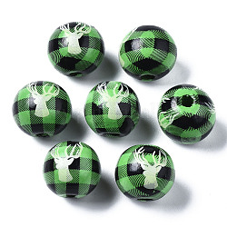 Gemalte europäische Perlen aus Naturholz, Großloch perlen, gedruckt, Weihnachten, Runde mit Rentieren, grün, 16x15 mm, Bohrung: 4 mm
