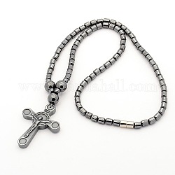 Colliers perlés en hématite synthétique non magnétique pour hommes à la mode, crucifix magnétique colliers croix pendentif pour Pâques, avec fermoir magnétique en laiton, noir, 17.5 pouce