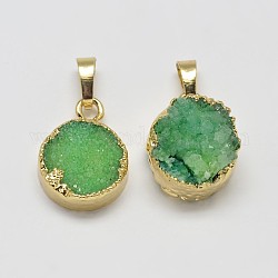 Natural Dyed Agate Golden Plated Flat Round Pendants, MediumSea Green, 18~21x15~16x10~16mm, Hole: 8x5mm