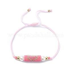 Colonne de perles et de graines de verre avec bracelet à maillons en forme de cœur, bracelet réglable pour femme, perle rose, diamètre intérieur: 3/8~3-1/4 pouce (1~8.3 cm)