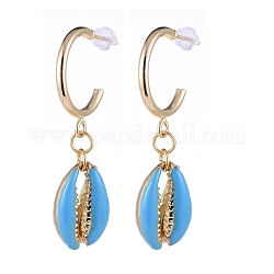 Brass Dangle Stud Earrings, with Alloy Enamel Beads and Plastic Ear Nuts, Cowrie Shell Shape, Light Sky Blue, 45~46mm, Pin: 0.8mm