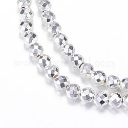 Chapelets de perles en hématite synthétique sans magnétique, ronde, facette, Plaqué Argent, 4mm, Trou: 1mm, Environ 98~102 pcs/chapelet, 15.7 pouce