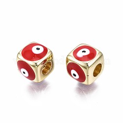 Messing europäischen Perlen, mit Emaille, Großloch perlen, echtes 18k vergoldet, Nickelfrei, Würfel mit bösem Blick, rot, 9x10x10 mm, Bohrung: 4 mm