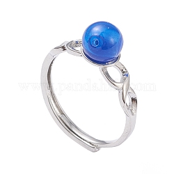 Anneaux de laiton réglables, avec des perles au chalumeau, ronde, platine, bleu royal, taille 6, diamètre intérieur: 17 mm