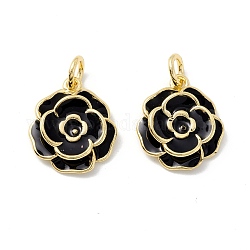 Rack Plating Brass Pendants, with Enamel and Jump Rings, Real 18K Gold Plated, Cadmium Free & Lead Free, Flower, Black, 17x15x4mm, Jump Ring: 6x1mm, 4mm Inner Diameter