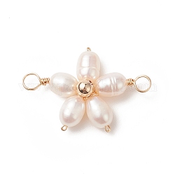 Natural Cultured Freshwater Pearl Connector Charms, with Copper Wire Wrapped, Flower Links, Golden, 28.5x19x6mm, Hole: 3.2mm