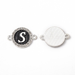 Alloy Enamel Links Connectors, with Crystal Rhinestones, Flat Round with Letter, Silver Color Plated, Letter.S, 22x16x2mm, Hole: 1.8mm