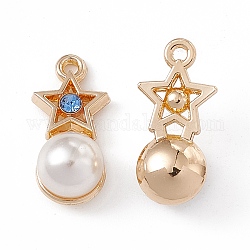 Pendenti strass in lega, con perle di plastica imitazione perla in abs, stella con fascino rotondo, oro, 19x9x8mm, Foro: 1.4 mm