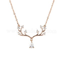 Deer Antler Cubic Zirconia Pendant Necklace for Girl Women, 925 Sterling Silver Micro Pave Cubic Zirconia Pendant Necklace, Clear, Rose Gold