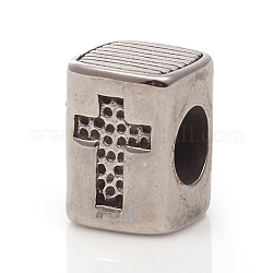 304 configuración de rhinestone de cuentas de acero inoxidable europeo, Abalorios de grande agujero, cuboide y cruz, plata antigua, 11x8.5x8.5mm, agujero: 5 mm