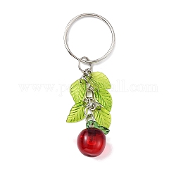 Porte-clés pendentif acrylique, avec breloques feuilles et porte-clés en fer, pomme, 7.5 cm, pendentif: 52x14x16 mm