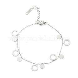 304 Stainless Steel Charm Bracelets, with Ball Chains, Flat Round & Ring, Stainless Steel Color, 7-1/4 inch(18.5cm)
