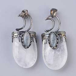 Pendentifs de cristal de quartz naturel, pendentifs en cristal de roche, avec les accessoires en laiton, ovale, argent antique, 44~46x20~21x16~17mm, Trou: 5x7mm