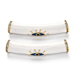 Brass Micro Pave Clear Cubic Zirconia Tube Beads, Long-Lasting Plated, with Enamel, Tube with Evil Eye, Real 18K Gold Plated, White, 38x8x7.5mm, Hole: 4mm