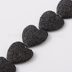 Brins de perles de pierre de lave naturelle, teinte, cœur, noir, 26~30x26~30mm, Trou: 2mm, environ 15 pcs / brin