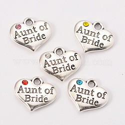 Wedding Theme Antique Silver Tone Tibetan Style Heart with Aunt of Bride Rhinestone Charms, Mixed Color, 14x16x3mm, Hole: 2mm