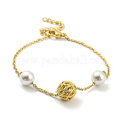 Real 18K Gold Plated Brass & Plastic Imitation Pearl Beaded Bracelet, with Ion Plating(IP) 304 Stainless Steel Chains, Long-Lasting Plated, Round, 7-3/8 inch(18.8cm)