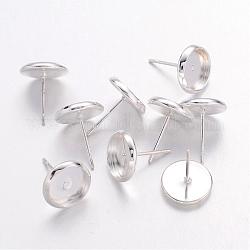 Brass Stud Earring Settings, Silver Color Plated, Tray: 8mm, 13.5x10mm, Pin: 0.7mm