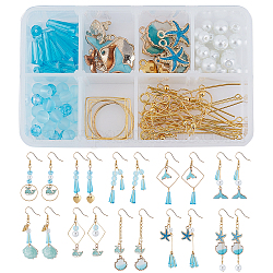 Sunnyclue diy kits de fabricación de pendientes colgantes con tema oceánico, incluyendo perlas de vidrio, Colgantes de la aleación, Anillos de unión de latón y cadena de cable y pasadores y anillos de salto, dorado, 12x6x6mm, agujero: 2 mm