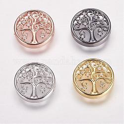 Brass Micro Pave Cubic Zirconia Slide Charms, Flat Round with Tree, Mixed Color, 15.5x4mm, Hole: 1.5x6mm