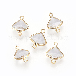 Glass Links connectors, with Brass Findings, Faceted Fan, Real 18K Gold Plated, Clear, 12.5x10x3mm, Hole: 1mm