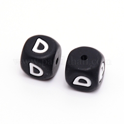 Perles de silicone, cube avec letter.d, noir, 12x12x12mm, Trou: 2mm