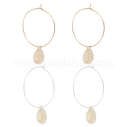 FIBLOOM 2 Pairs 2 Colors Natural Shell Dangle Big Hoop Earrings, Alloy Basketball Wives Earrings for Women, Platinum & Light Gold, 63~66mm, Pin: 0.8mm, 1 Pair/color