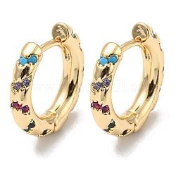 Brass with Colorful Cubic Zirconia Hoop Earrings, Ring, Light Gold, 14x2.8mm