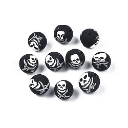 Handmade Polymer Clay Beads, Round with Skull, Black, 9.5~10.5x9.5~10.5mm, Hole: 1.2mm
