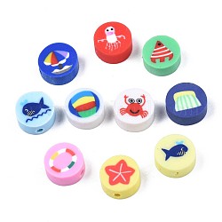 Handmade Polymer Clay Beads, Flat Round with Ocean Theme Patterns, Mixed Color, 9.5~10x4.5mm, Hole: 1.8mm