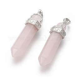 Naturelle quartz rose a pendentifs, avec les accessoires en laiton de tonalité de platine, balle, 49~51x14~15x13mm, Trou: 5x8mm