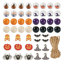 Pandahall 13 styles halloween perles en bois naturel peintes à la bombe, formes mixtes, avec 5 m de corde de jute, couleur mixte, perle: 8~20x1~20x1~16 mm, Trou: 2~4mm