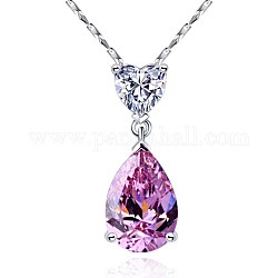 925 подвесные стерлингового серебра ожерелья, с цепочками, стразами и стеклом, слеза, темно-розовыми, платина, кристалл, 50 см