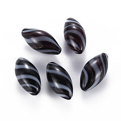 Perles de globe en verre soufflé à la main opaques, avec de la poudre de paillettes, rayure, riz, noir, 25~27x12~13mm, Trou: 1~2mm