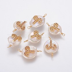 Conectores de eslabones de perlas naturales, con micro latón allanar fornituras de circonio cúbico, redondo y plano con la constelación, dorado, fucsia, Aries, 20~26x9~17x5~11mm, agujero: 1.6 mm