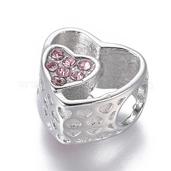 Perles européennes en 304 acier inoxydable, Perles avec un grand trou   , avec strass, cœur, couleur inoxydable, rose clair, 11x11.5x7.5mm, Trou: 4.5mm