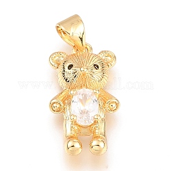 Brass Micro Pave Cubic Zirconia Pendants, Long-Lasting Plated, Inlay Bear Shape, Real 18K Gold Plated, Clear, 21x10.8x5.4mm, Hole: 4x3mm