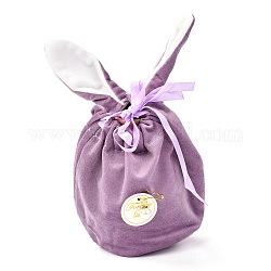 Flannelette Craft Ribbon Drawstring Bag, Rabbit Ear with Acrylic Beads, for Easter Party Candy Wrapping, Old Rose, 19x15cm