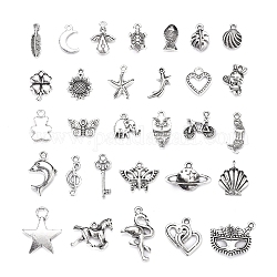 30 pz 30 stili pendenti in lega di stile tibetano, forme misto, argento antico, 21x14x4mm, Foro: 2 mm