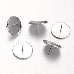 Flat Round Stainless Steel Stud Earring Settings, Stainless Steel Color, Tray: 18mm, 20mm, Pin: 0.7mm