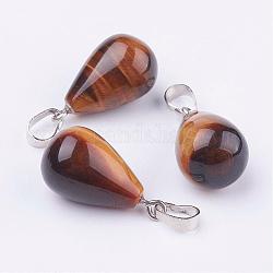 Natural Tiger Eye Pendants, with Platinum Tone Brass Findings, Drop, 24~24.5x14mm, Hole: 5x7mm
