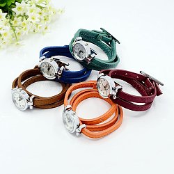 Fashionable PU Leather Wrap Watch Bracelets, with Alloy Watch Face and Alloy Findings, Platinum Metal Color, Mixed Color, 620x8mm, Watch Head: 33x29x9mm