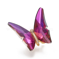 Brass Micro Pave Clear Cubic Zirconia Brooches, with Faceted Glass and Cardboard Boxes, Back Plated, Butterfly, Golden, Deep Pink, 43x45x26mm, Pin: 0.8mm