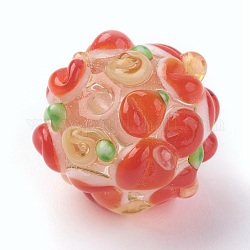 Perles vernissées manuelles, Rondelle avec des fleurs, cahoteuse, rouge-orange, 14~15x12~13mm, Trou: 1.5~1.8mm