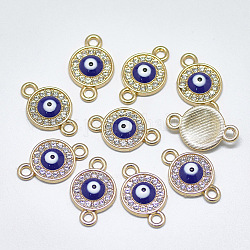 Alloy Links, with Crystal Rhinestone and Blue Enamel, Flat Round with Evil Eye, Light Gold, 19.5x12x3.5mm, Hole: 2mm