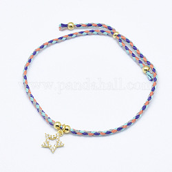 Nylon Cord Bracelets, with Brass Cubic Zirconia Star Pendants, Real 18K Gold Plated, 9-7/8 inch~10-1/4 inch(250~260mm)