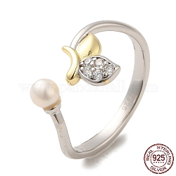 925 anillo de plata de primera ley con baño de rodio, Anillo con forma de hoja de circonita cúbica y perla natural de agua dulce., para mujeres, chapado en oro real de 18k y platino real, nosotros tamaño 7 3/4 (17.9 mm), 2.3~9.5mm