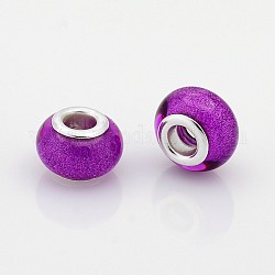 Large Hole Rondelle Resin European Beads, with Silver Tone Brass Cores, Dark Violet, 14x9mm, Hole: 5mm